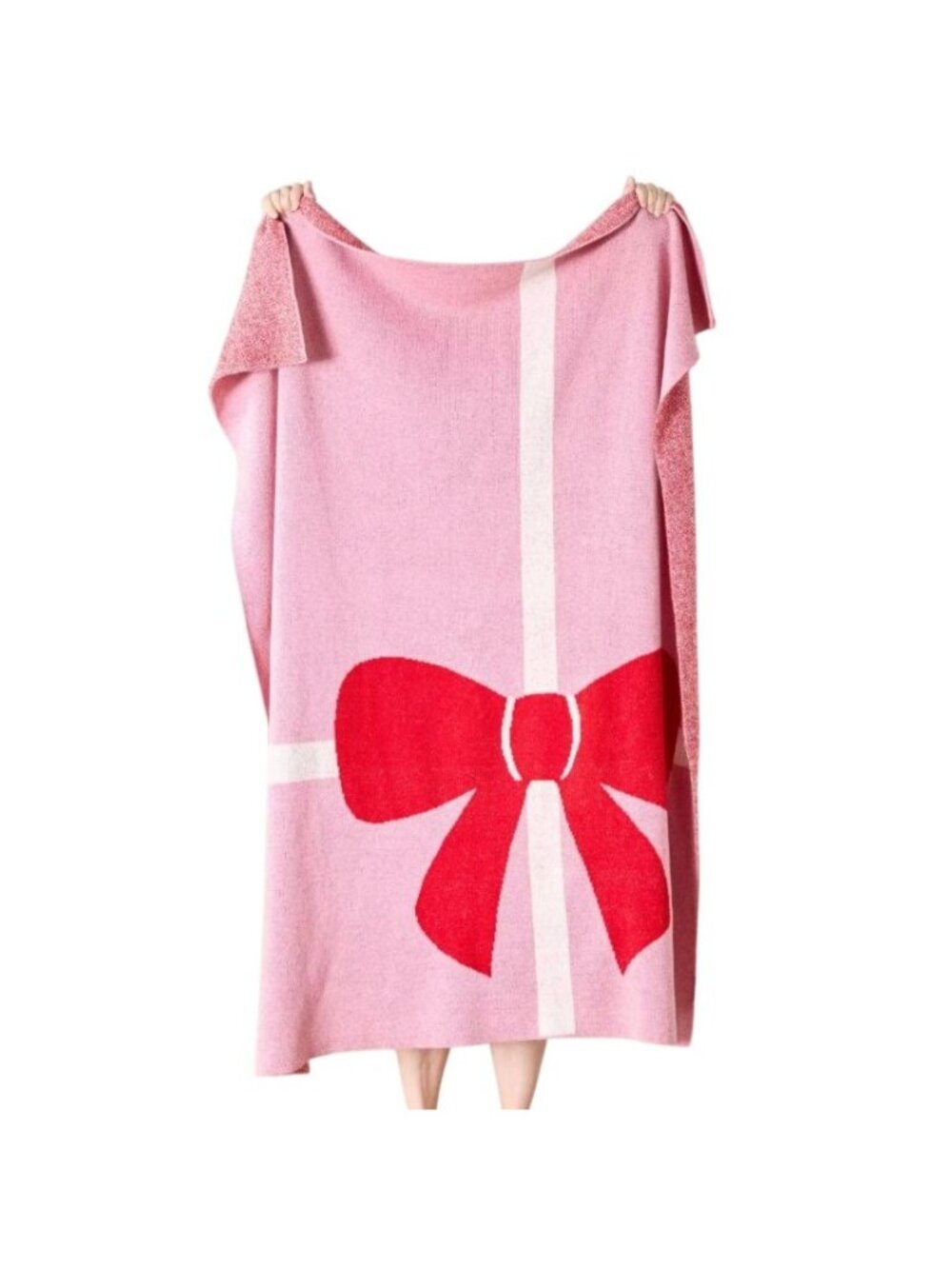 Anthropologie Bonnie Jacquard Knit Throw Blanket Pink w/ Red Bow Anthro 50"x60"